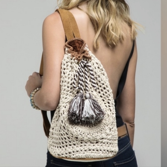 Handmade Crocheted Boho Backpack - Bucket Style - Cloth Backed Leather Straps - Picture 2 of 11